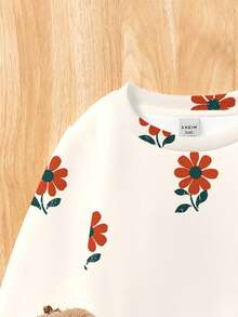 Conjunto de roupa infantil para menina, modelo suéter de malha macia com gola redonda e modelagem solta, ideal para outono/inverno, com estampa floral clássica e delicada. - Multicolorido - Ver 4