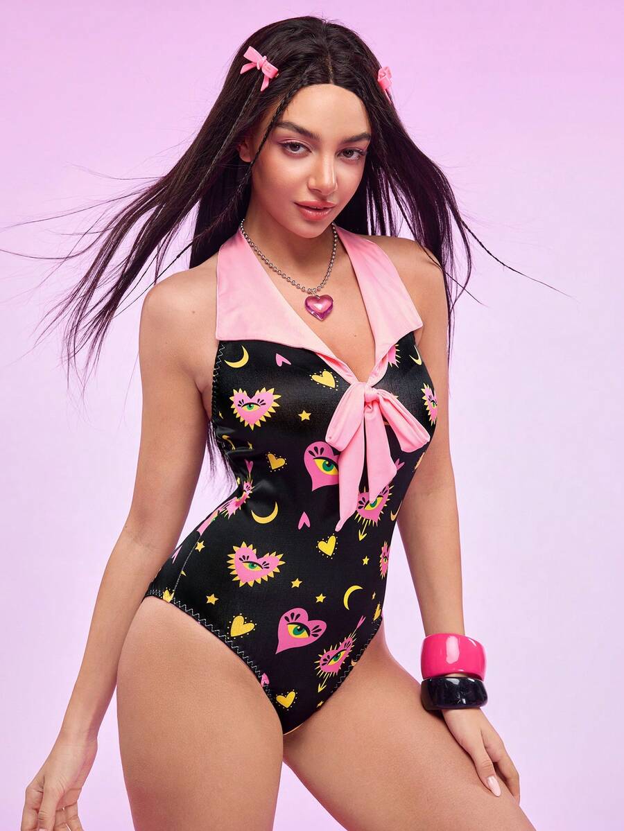 女士心形月亮印花系带性感露背连体衣 - 粉色 - 查看 1