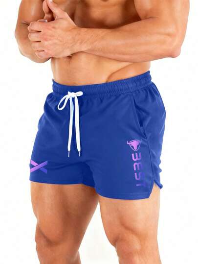 Gym Rark 男士渐变字母印花抽绳腰带运动短裤，夏季