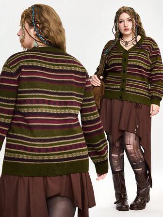 Fairycore Plus Size Casual Versatile Retro Striped Knit Cardigan, Autumn/Winter