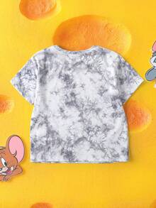 TOM & JERRY X SHEIN Young Boy Cartoon Tie-Dye Knit Loose Crew Neck Drop Shoulder Short Sleeve T-Shirt - Grey - View 3