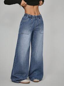 Jeanoix Women's Elastic Waist Pocket Casual Everyday Wide Leg Jeans - Blue - View 6