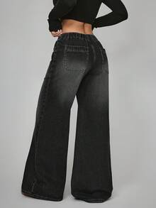 Jeanoix Quần jeans cỡ lớn, màu trơn, tối giản, thích hợp mặc hàng ngày. - màu đen - Xem 2