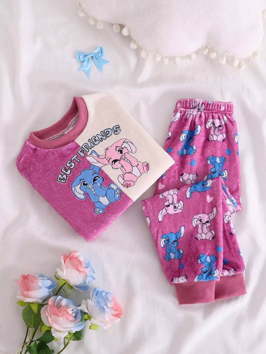 2pcs/Set Young Girl' Cute Cartoon Rabbit Pattern Long Sleeve Top And Pants Soft Comfortable Warm Fleece Pajamas - Multicolor - View 1