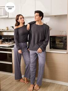 CoupledUp 男士简约罗纹长袖家居服套装，冬季服装 - 深灰色 - 查看 6