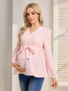 SHEIN 孕妇衬衫，长袖，V领，半开襟，前襟纽扣，腰带，宽松版型上衣 - 淺粉色 - 查看 3