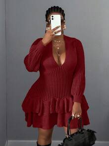 Maweii Plus Size Women Casual Solid Color Ruffle Hem Deep V-Neck Sweater Dress - Red - View 6