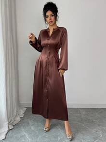 SHEIN Elenzya Váy sơ mi xếp ly satin màu nâu thanh lịch thu/đông - màu nâu - Xem 5