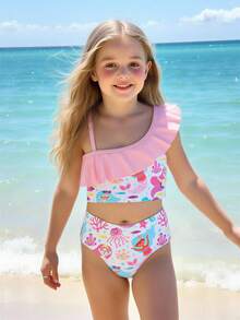 Young Girls Ruffled One-Shoulder Cartoon Mermaid Print Bikini Set, Cute Children Swimwear, Beach Vacation Essential, Random Print, Suitable For Vacation, Beach, Seaside, Summer, Spring Break, Summer Holiday
