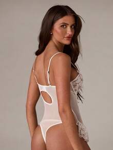 SHEIN BAE 3pcs Set: Sexy Lace See-Through Bodystocking With Ruffle Trim And Garter Belts For Going Out - White - View 2