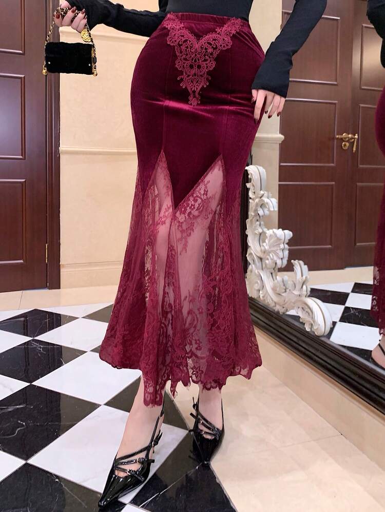 Women's High Waist Contrast Lace Fishtail Hem Elegant Skirt