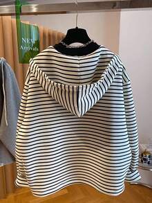 Resyla Women's Casual Loose Striped Drawstring Sweatshirt, Suitable For Autumn - Black and White - View 2