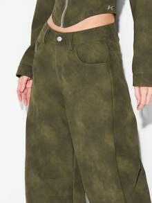 KIZN High Waisted Suede Balloon Wide Leg Pants With Button Closure And Side Pockets Fall Winter Casual Palazzo Style Trousers - Brown - View 5
