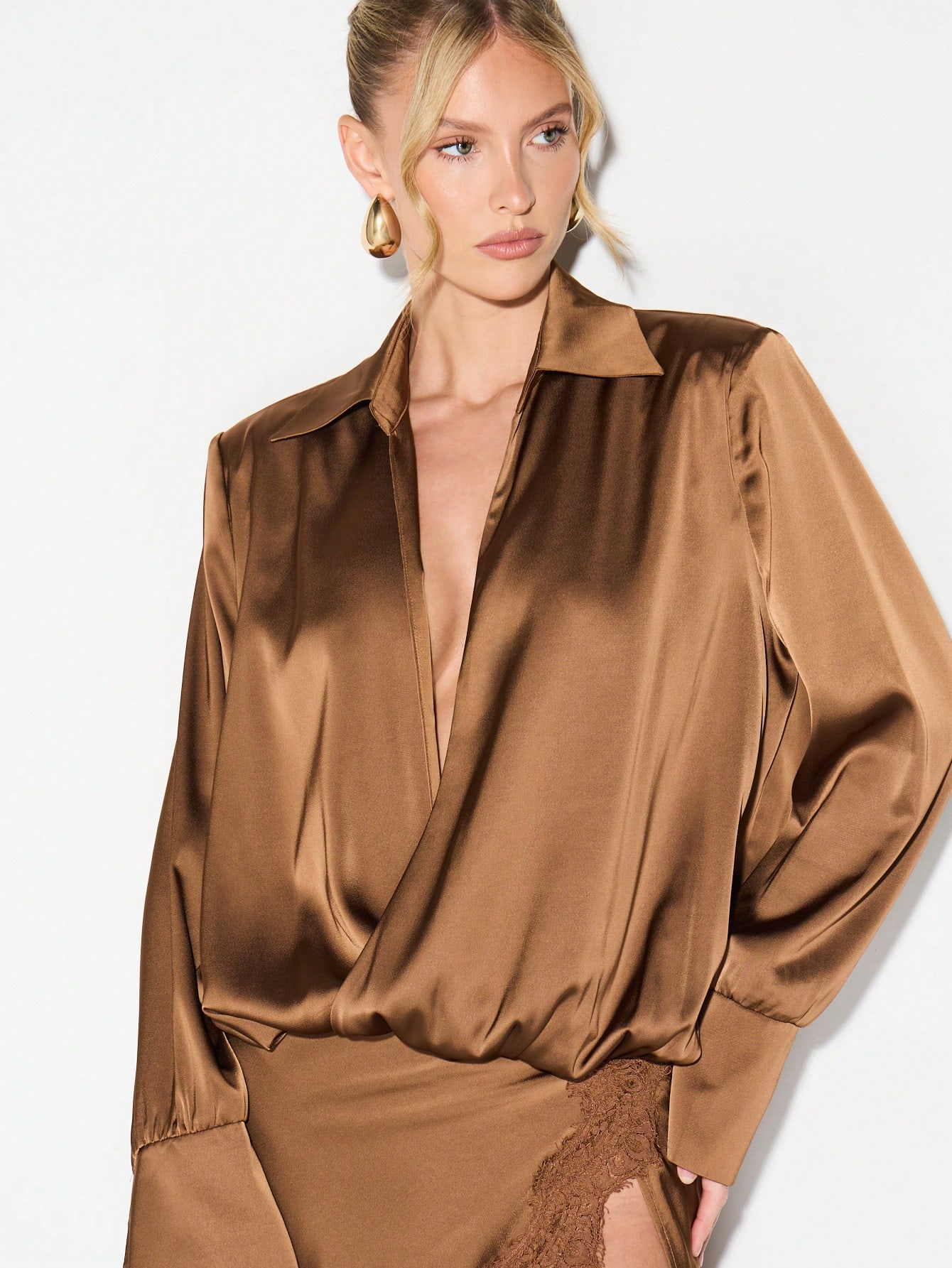 KIZN Satin Button-Front Maxi Dress With Lace Trim