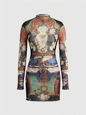 J-Fashion Robe courte pour femme en maille semi-transparente avec imprimé religieux bouddhiste vintage