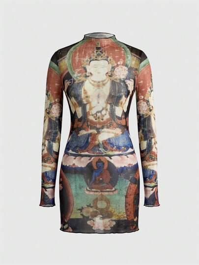 J-Fashion Robe courte pour femme en maille semi-transparente avec imprimé religieux bouddhiste vintage