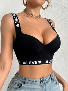 DesireSculpt Sujetador inalámbrico con estampado de letras LOVE, con soporte y moldeado - Negro - Ver 11