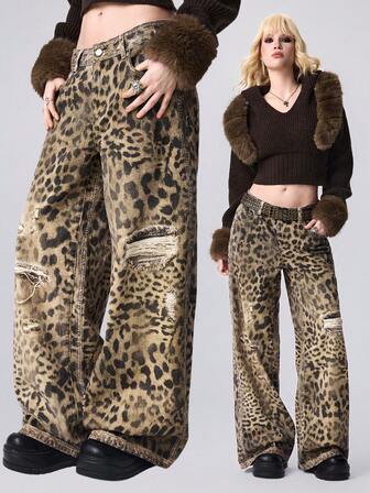 Grunge Punk Jeans holgados de talle súper bajo con estampado de leopardo vintage desgastado del estilo Y2K