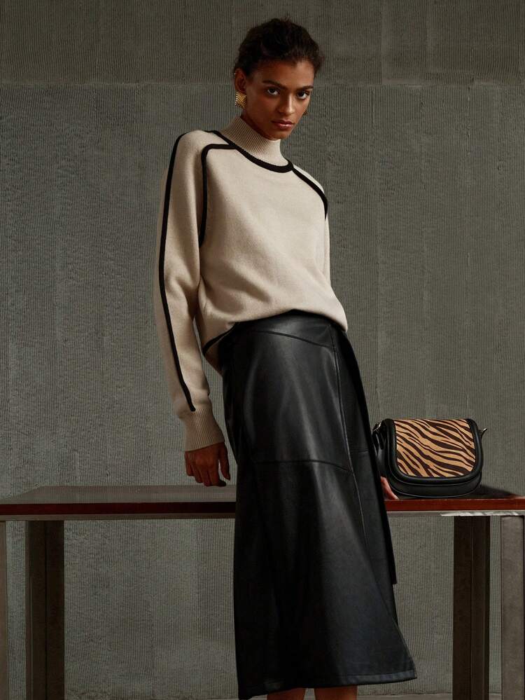 WOOL HIGH NECK CONTRAST PIPING SWEATER