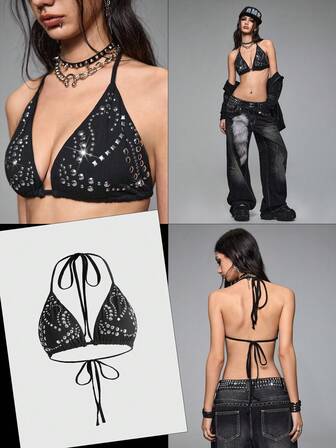 Grunge Punk Top de bikini de mujer con tirantes finos, sin mangas, sexy y con tachuelas de estilo PUNK