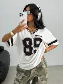 SHEIN 少女时尚宽松V领短袖T恤，针线活，字母数字印花，春夏季 - 白色 - 查看 4