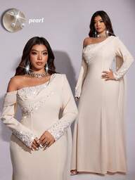 Viva Relle فستان حفلة رأس السنة الجديد الأنيق والفاخر للمرأة البدينة، شال شيفون غير متماثل الكتف مزين بالماس، فستان ماكسي ضيق الجسم على شكل ذيل السمكة، مناسب لعيد الحب