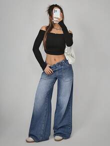 Jeanoix Women's Elastic Waist Pocket Casual Everyday Wide Leg Jeans - Blue - View 5