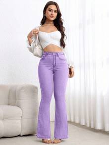 Flexra 女士休闲百搭日常穿搭喇叭牛仔裤，带口袋 - 紫色 - 查看 6