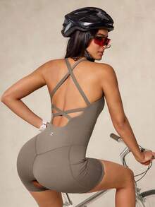 OutZeal Mono deportivo para mujer, conjunto de ciclismo y gimnasio de verano con control de abdomen, tela transpirable y diseño sin espalda - Caqui - Ver 10