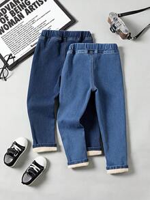 2条装男童休闲牛仔裤，时尚水洗蓝牛仔裤，厚实弹力面料，适合日常穿着和上学穿着，可爱百搭 - 藍色 - 查看 2