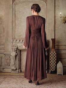 Anewsta New Elegant Fashion V-Neck Flare Sleeve Waist Ruched Long Swing Dress, Suitable For Spring/Summer Outings, Parties, Dates, Weddings - Brown - View 3