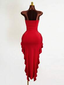 Mistrie 女士修身不对称下摆3D立体花卉抹胸连衣裙 - 紅色 - 查看 2