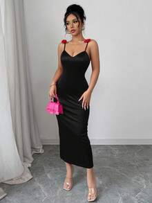 Elenzga Standard Size Women's Solid Color Floral Decor Spaghetti Strap Dress - Black - View 6