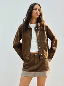 Maija Women's Long Sleeve Single-Breasted Pocket Jacket And Midi Skirt Casual Denim Suit, Urban Commute Business Casual Outfit, Elegant Attire For Thanksgiving, Christmas, New Year Party, Casual And Stylish Ladies Denim Set - Brown - View 4