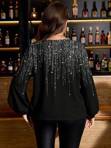 SHEIN LUNE Plus Size Women's Black Elegant Shiny Silver Foil Lantern Sleeve Blouse,Formal Evening Night Out Club Party Metallic Ruched Waist Autumn Tops,Retro - Silver - View 8