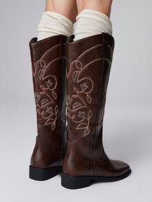 ROMWE Fairycore Women's Vintage Western Style Embroidered Knee-High Boots Valentine's Day - Coffee Brown - View 5