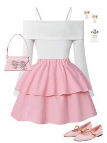 SHEIN Sparklyn Tween Girls' Fashion Elegant T-Shirt Set, White Knit Top Paired With Black Woven Cake Skirt, Top Decorated With Black Bow, Skirt With Pearl Embellishment - Pink - View 2