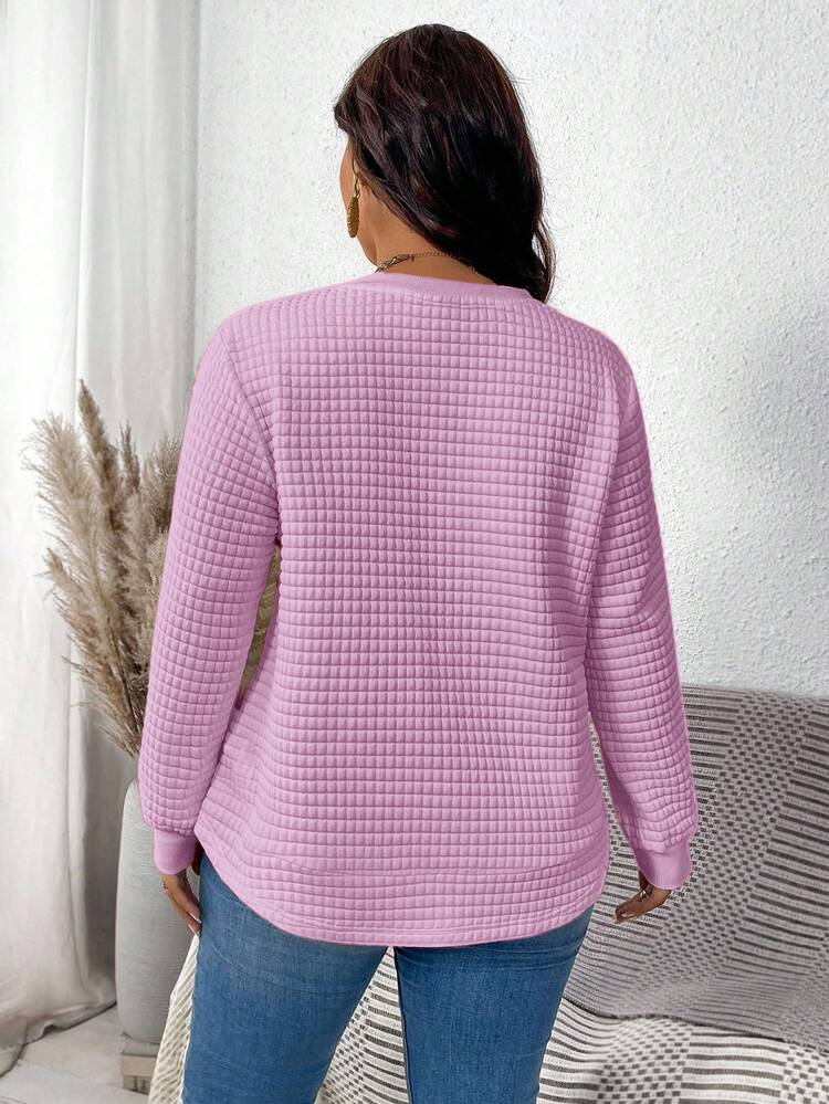 Plus Size Solid Color Round Neck Drop Shoulder Long Sleeve Loose Casual Sweatshirt For Women Pink Sweater Pullover For Women Women Sweater Pink Long Sleeve Top Sweater Tops