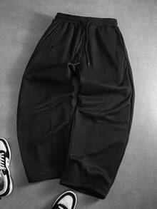 PAVTROS Pantalones deportivos de hombre de unicolor con cintura elástica suelta, cordón y bolsillos - Negro - Ver 3