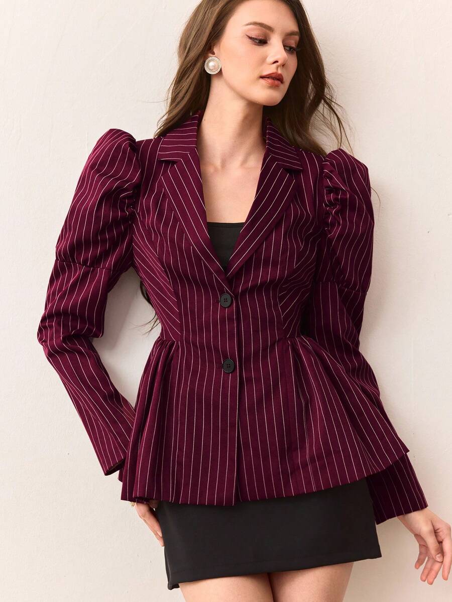 Revavyn Women's Puff Flower Hem Lantern Sleeve Notched Collar Striped Blazer Jacket - Burgundy - View 1
