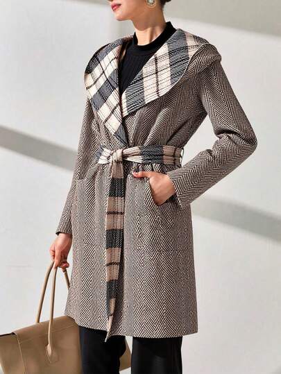 EURMUSE Mönstrad lång kappa med bälte, huva och bred krage, snygga och mysiga ytterkläder för kvinnor