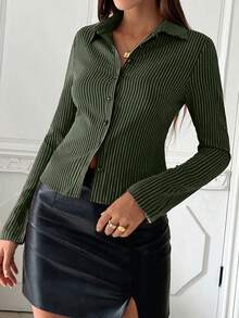 Women's Striped Print Simple Daily Long Sleeve Blouse Women Shirt - Army Green - View 4