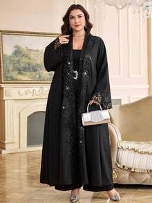 Al Najma Plusstorlek Dam Elegant Patchwork Spetsfront Öppen Abaya Morgonrock, Höst - Svart - Visa 3
