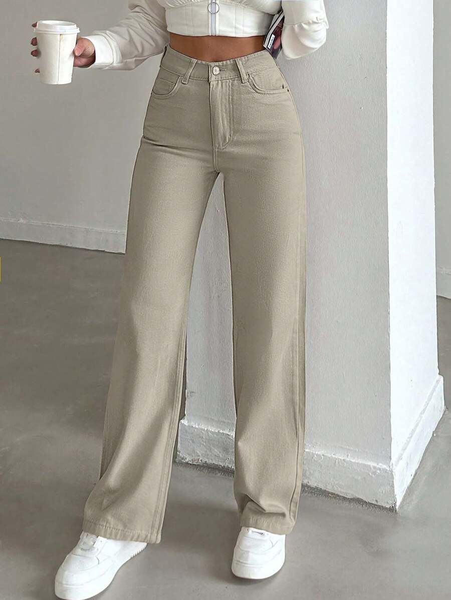SHEIN Tall Tall High Waist Casual Straight Jean - Beige - View 1