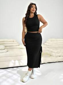SHEIN EZwear 大尺碼夏季休閒純色背心與側開衩裙 2 件套 女款 - 黑色 - 查看 5