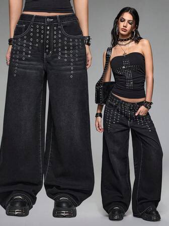 Grunge Punk Jeans femme à taille très basse, jambes larges, effet usé métallique Y2K, coupe ample