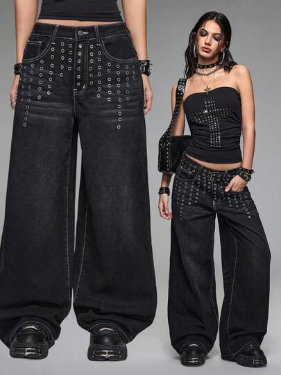 Grunge Punk بنطلون جينز نسائي واسع الساق بخصر منخفض جدًا مرتخي ومشوه معدني من طراز Y2K