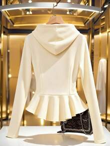 Franclia 女士休闲通勤时尚外套，米色半拉链金色腰部拉链卫衣，秋冬季 - 杏色 - 查看 2