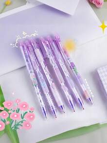 Set de 6 bolígrafos de tulipán morado borrables con goma de borrar linda, artículos de papelería para estudiantes, niñas, oficinas y escuelas, de vuelta a la escuela - Morado - Ver 7