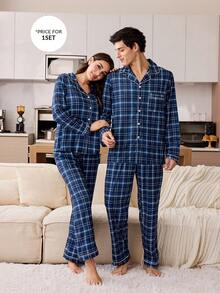 Men's Casual Plaid Print Long Sleeve Shirt And Pants Pajama Set, Autumn/Winter - Navy Blue - View 5